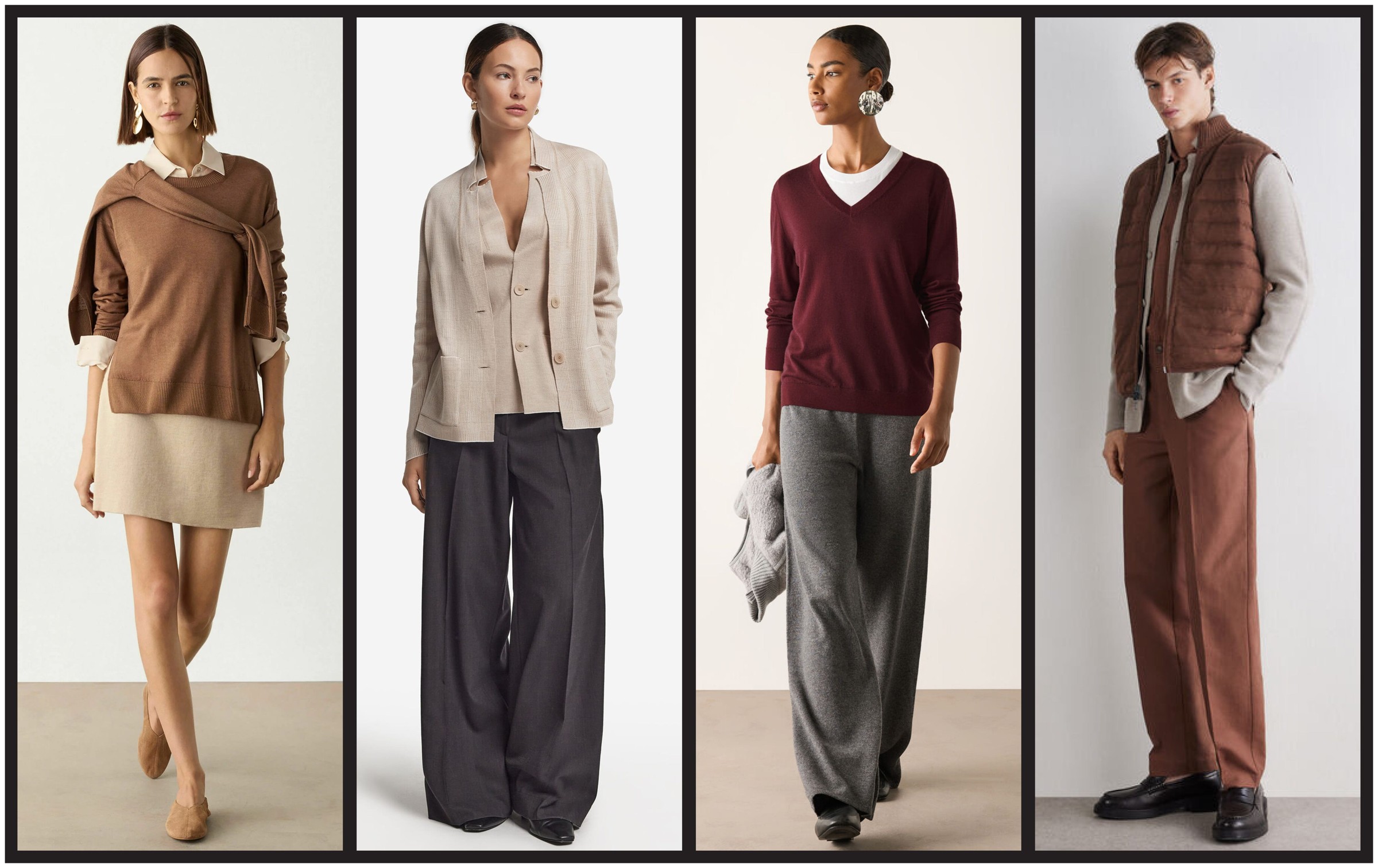 Four models showcase fall fashion styles featuring layered looks and a neutral color palette.