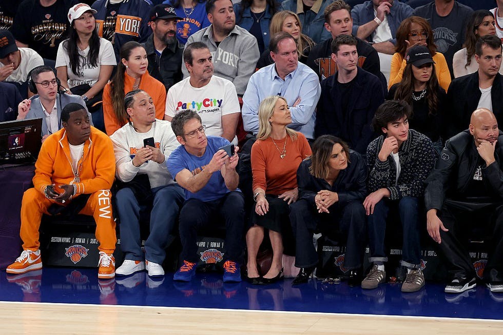 new york, new york october 20 lr tracy morgan, ben stiller, christine taylor, mariska hargitay, and fat joe look on while sitting court side during the first quarter of the game between the philadelphia 76ers and the new york knicks at madison square garden on october 20, 2026 in new york city note to user user expressly acknowledges and agrees that, by downloading and or using this photograph, user is consenting to the terms and conditions of the getty images license agreement photo by sarah st