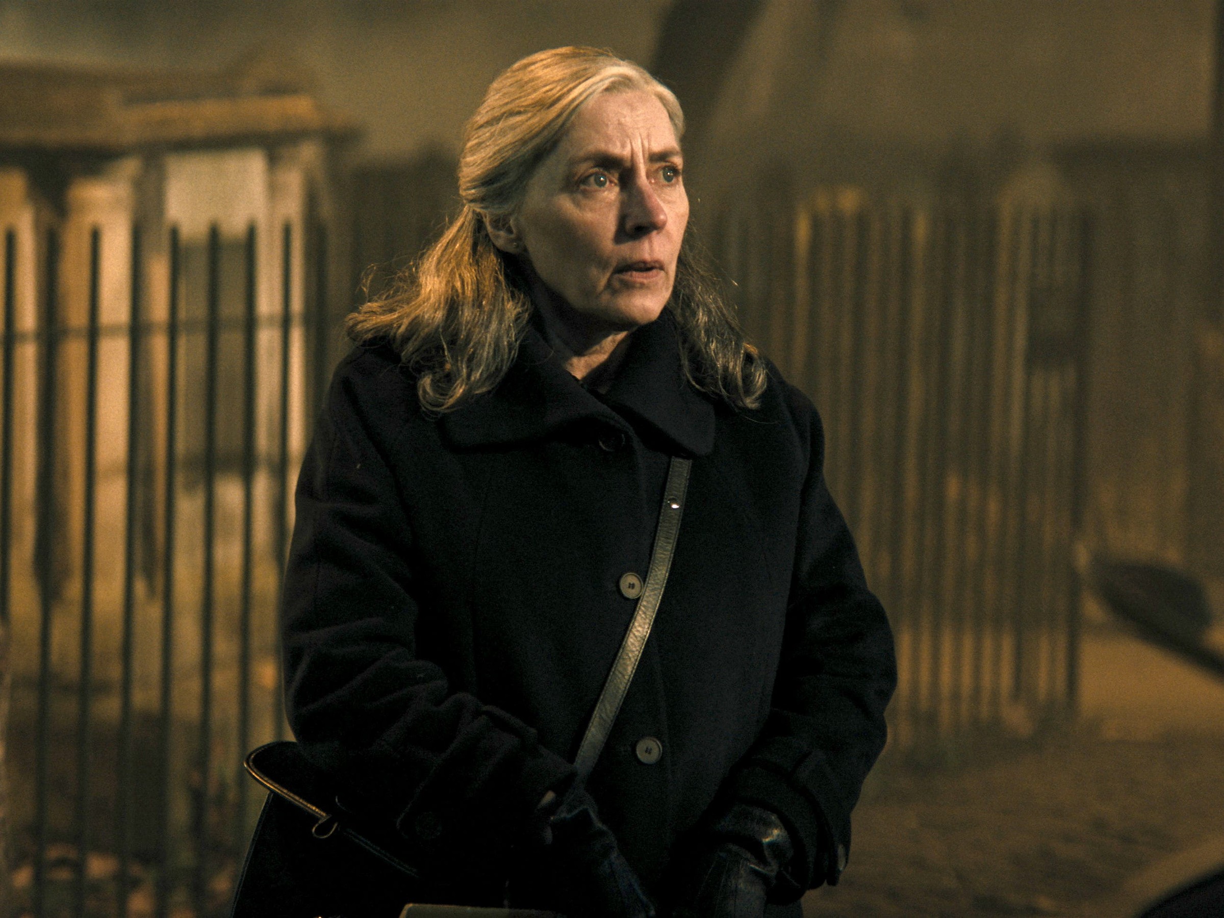 A woman in a dark coat looks concerned in a dimly lit cemetery.