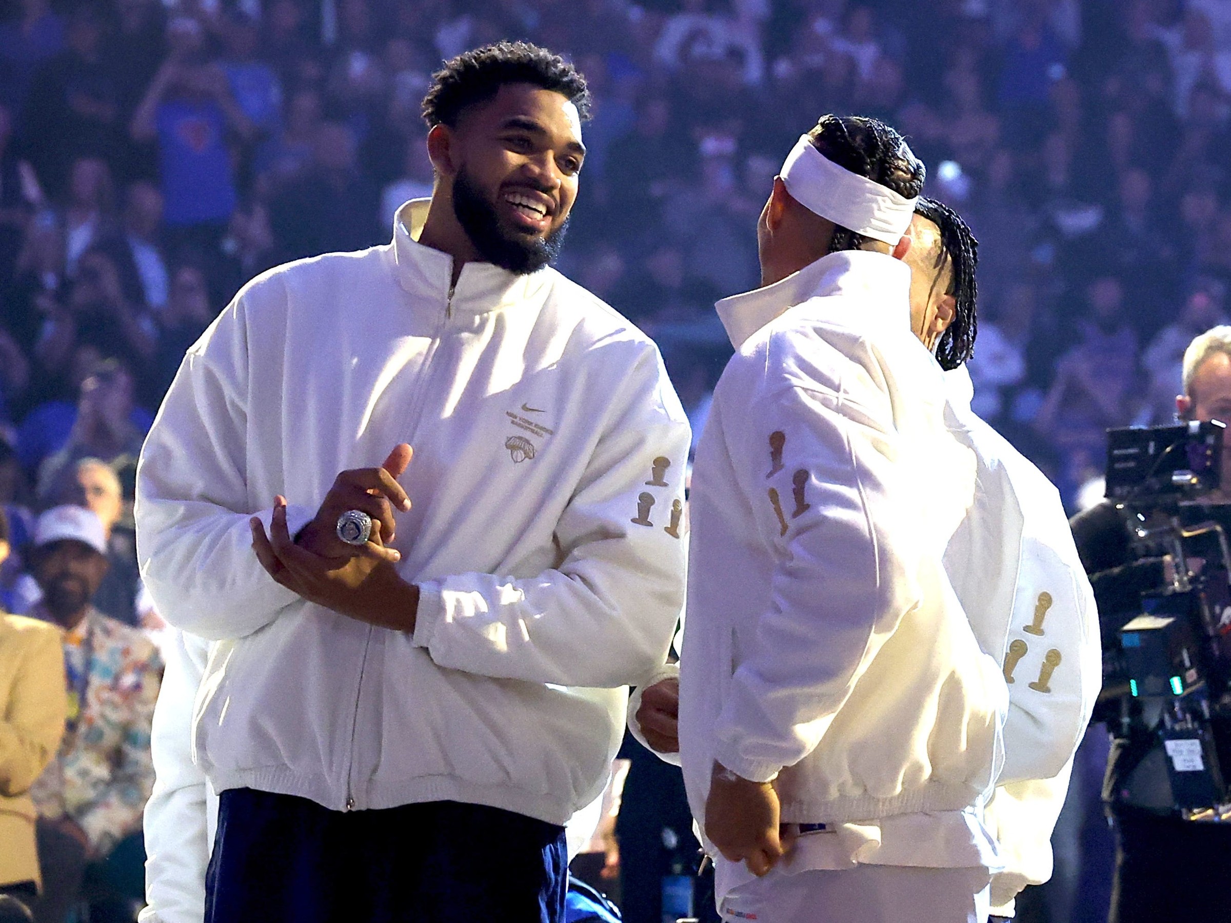 new york, new york october 20 karlanthony towns 32 of the new york knicks speaks with josh hart 3 during the ring ceremony prior to the game against the philadelphia 76ers at madison square garden on october 20, 2026 in new york city note to user user expressly acknowledges and agrees that, by downloading and or using this photograph, user is consenting to the terms and conditions of the getty images license agreement photo by sarah stiergetty images