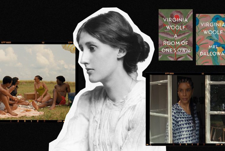 A collage featuring Virginia Woolf, her books, and a group of friends enjoying a picnic outdoors.