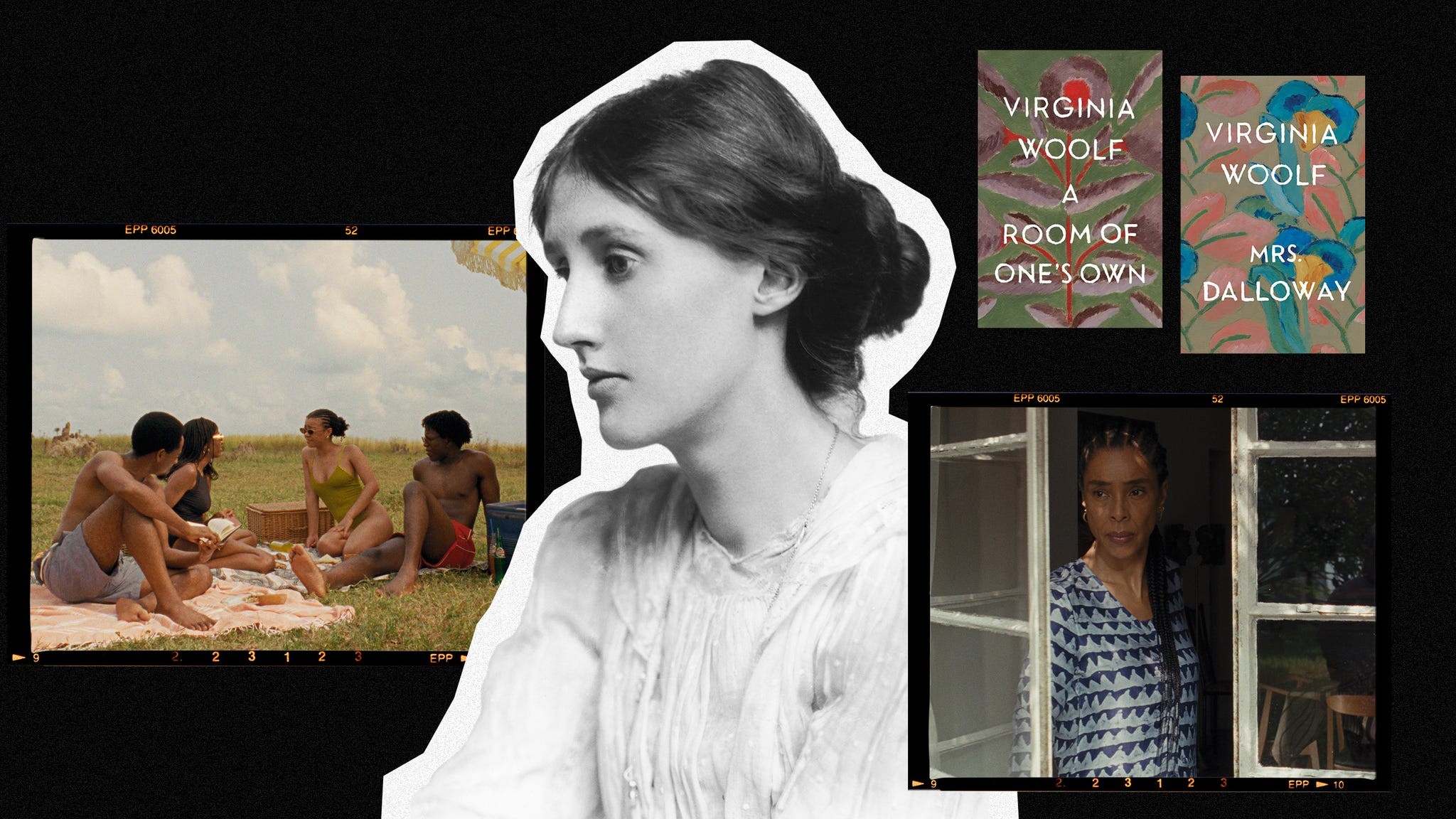 A collage featuring Virginia Woolf, her books, and a group of friends enjoying a picnic outdoors.