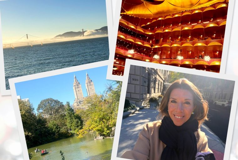 Collage featuring cityscapes, a theater interior, a serene park scene, and a woman smiling outdoors.