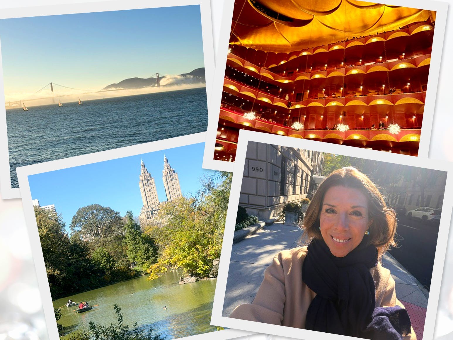 Collage featuring cityscapes, a theater interior, a serene park scene, and a woman smiling outdoors.