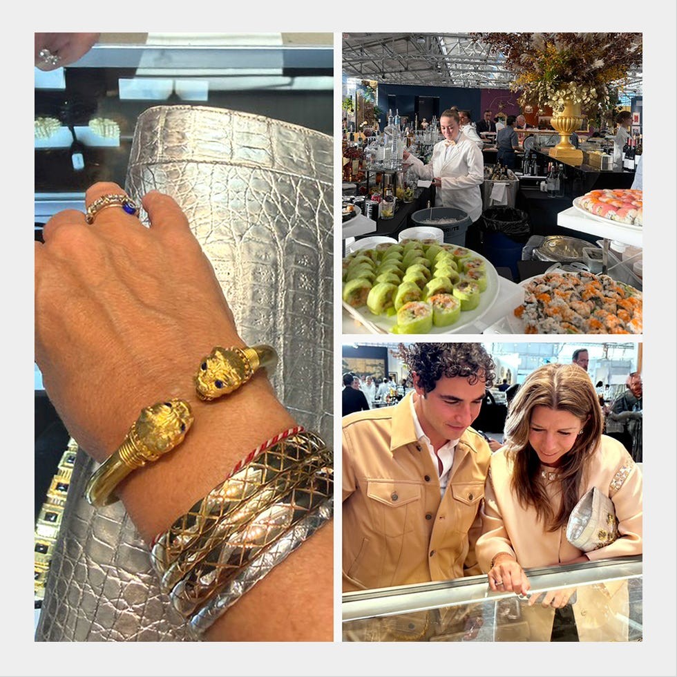 Stylish jewelry and gourmet food shared by two people at a lively event.