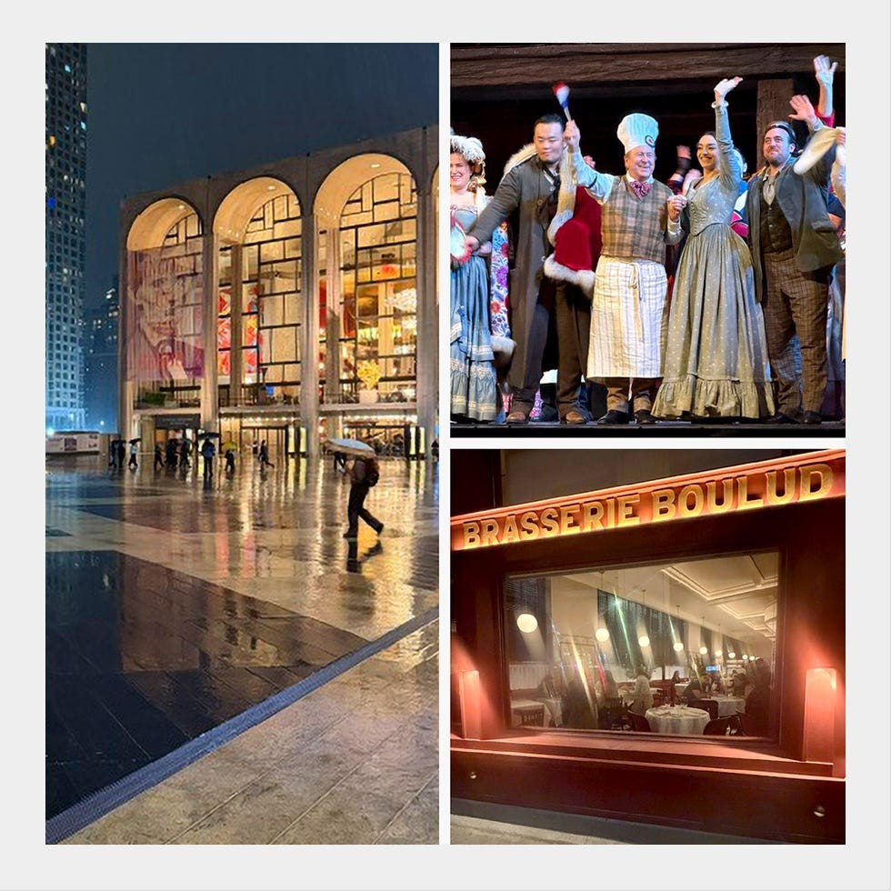 Lincoln Center exterior, theater performance, and Brasserie Boulud restaurant at night.