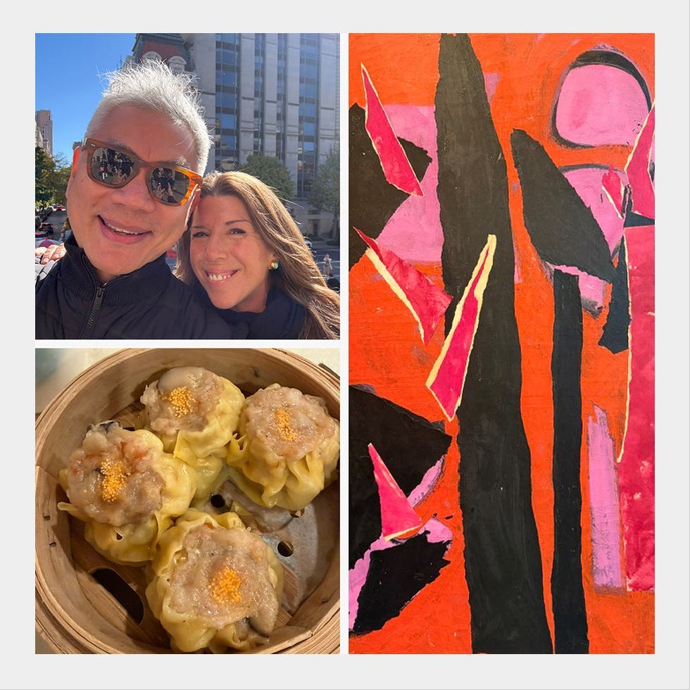 A collage featuring a happy couple, dumplings in a steamer, and a colorful abstract painting.