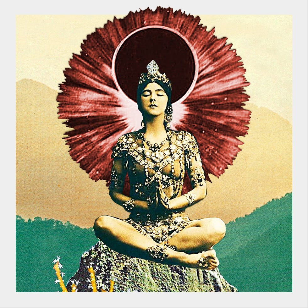 A serene figure adorned with jewels meditating against a colorful backdrop with a radiant halo effect.