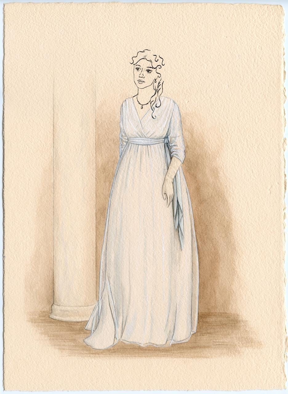 A woman in a flowing white dress stands beside a column, with soft lighting and a neutral background.