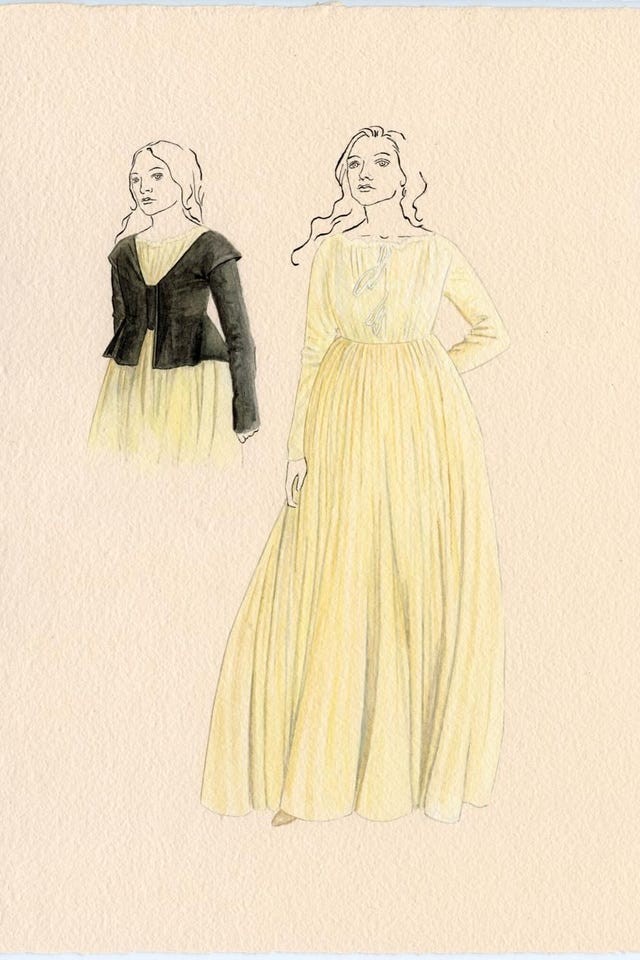 Fashion illustration showcasing two elegant women's outfits: a black shawl over a yellow dress and a full yellow dress.