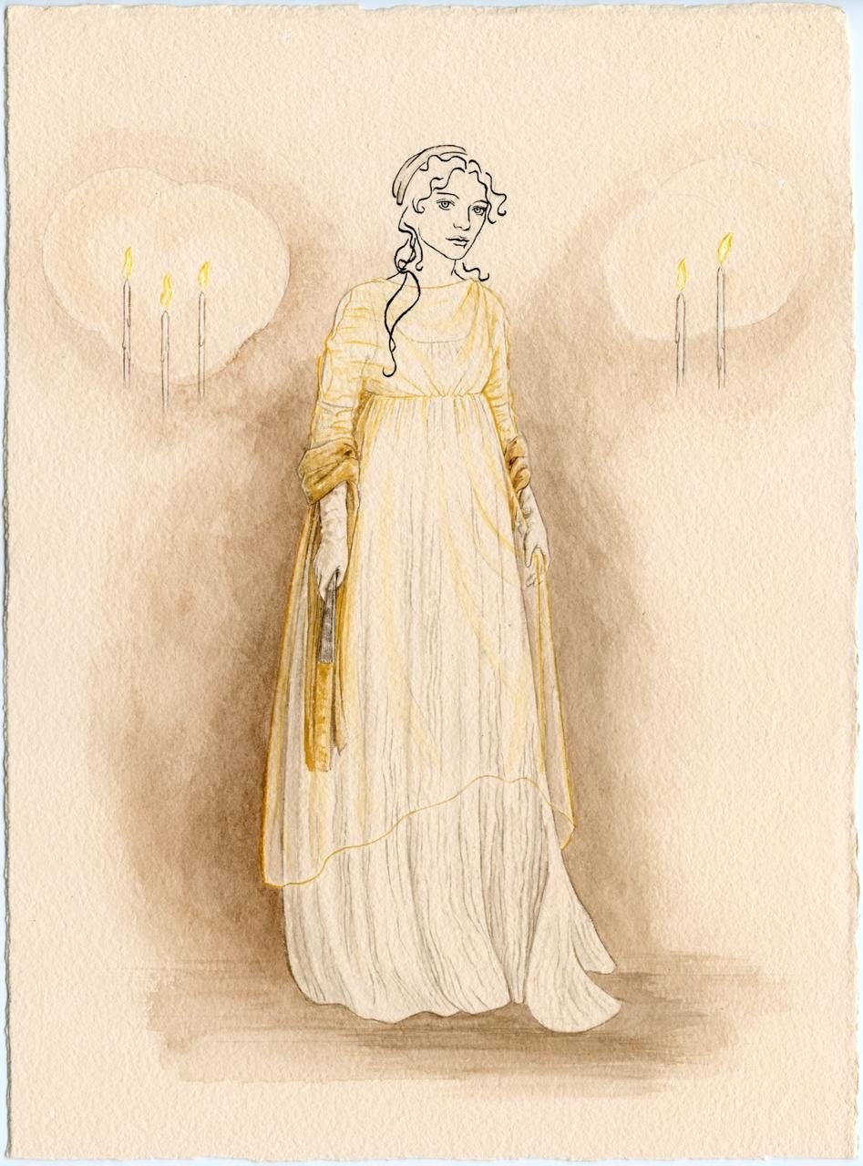 A woman in a flowing, light-colored dress stands in front of candles, illustrated in a soft, watercolor style.