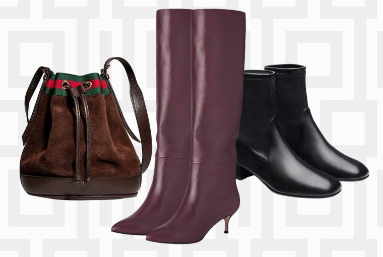 Fashion items featuring a brown bucket bag and various styles of boots, including knee-high and ankle options.