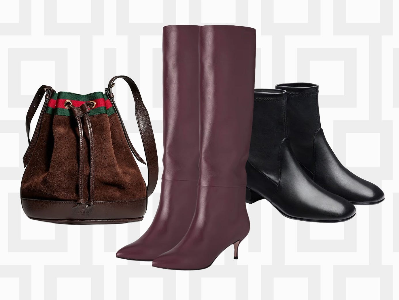Fashion items featuring a brown bucket bag and various styles of boots, including knee-high and ankle options.