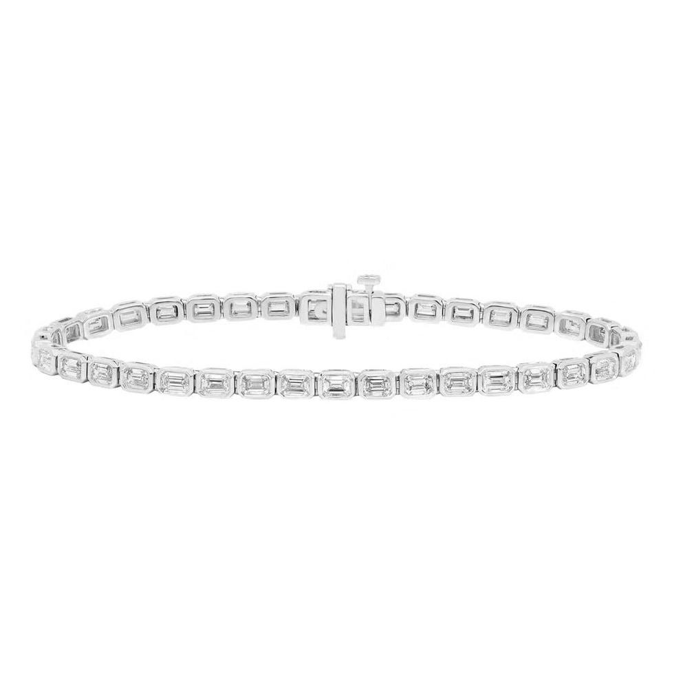 Emerald Cut Lab Grown Diamond Bezel Set Tennis Bracelet In 14K White Gold
