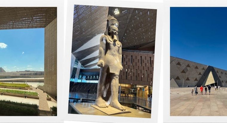 Three images showcasing the Great Pyramids, a statue of an ancient Egyptian figure, and the museum's striking architectural design.