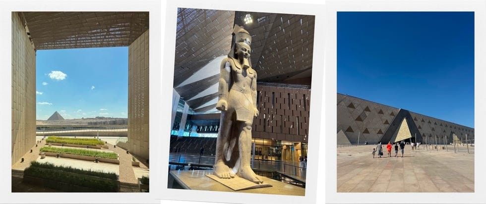 Three images showcasing the Great Pyramids, a statue of an ancient Egyptian figure, and the museum's striking architectural design.