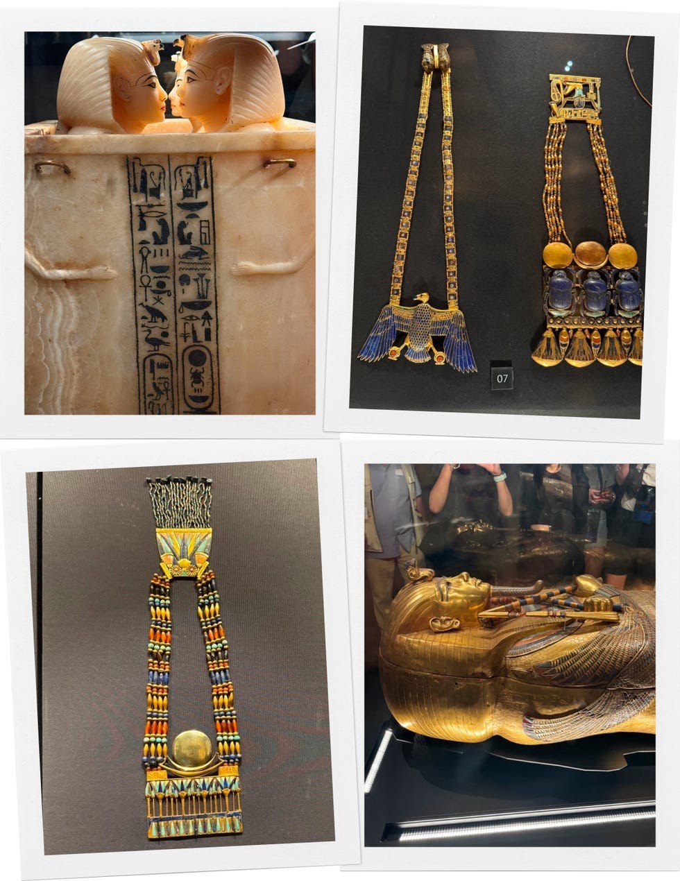 Collection of ancient Egyptian artifacts including jewelry and a sarcophagus.