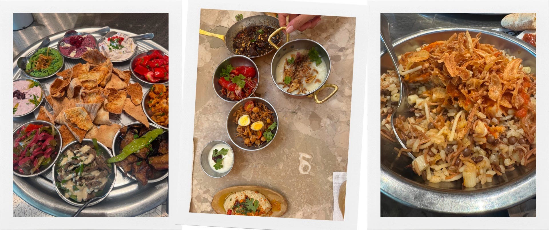 A variety of colorful dishes served on metal trays, featuring grains, vegetables, and dips.