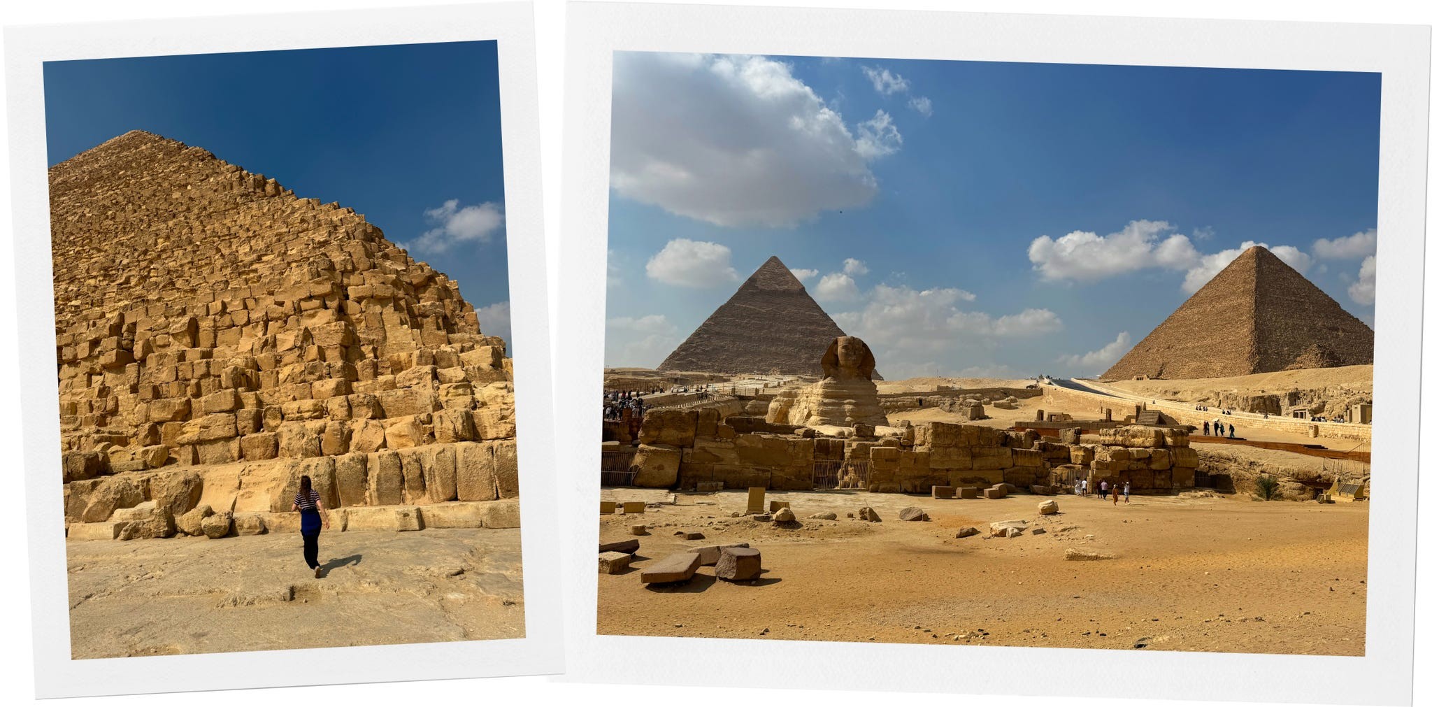 Two images of the Great Pyramids of Giza, featuring a pyramid and the Sphinx against a blue sky with clouds.