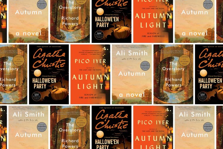 Collage of book covers featuring titles by Ali Smith, Richard Powers, and Agatha Christie, themed around autumn.