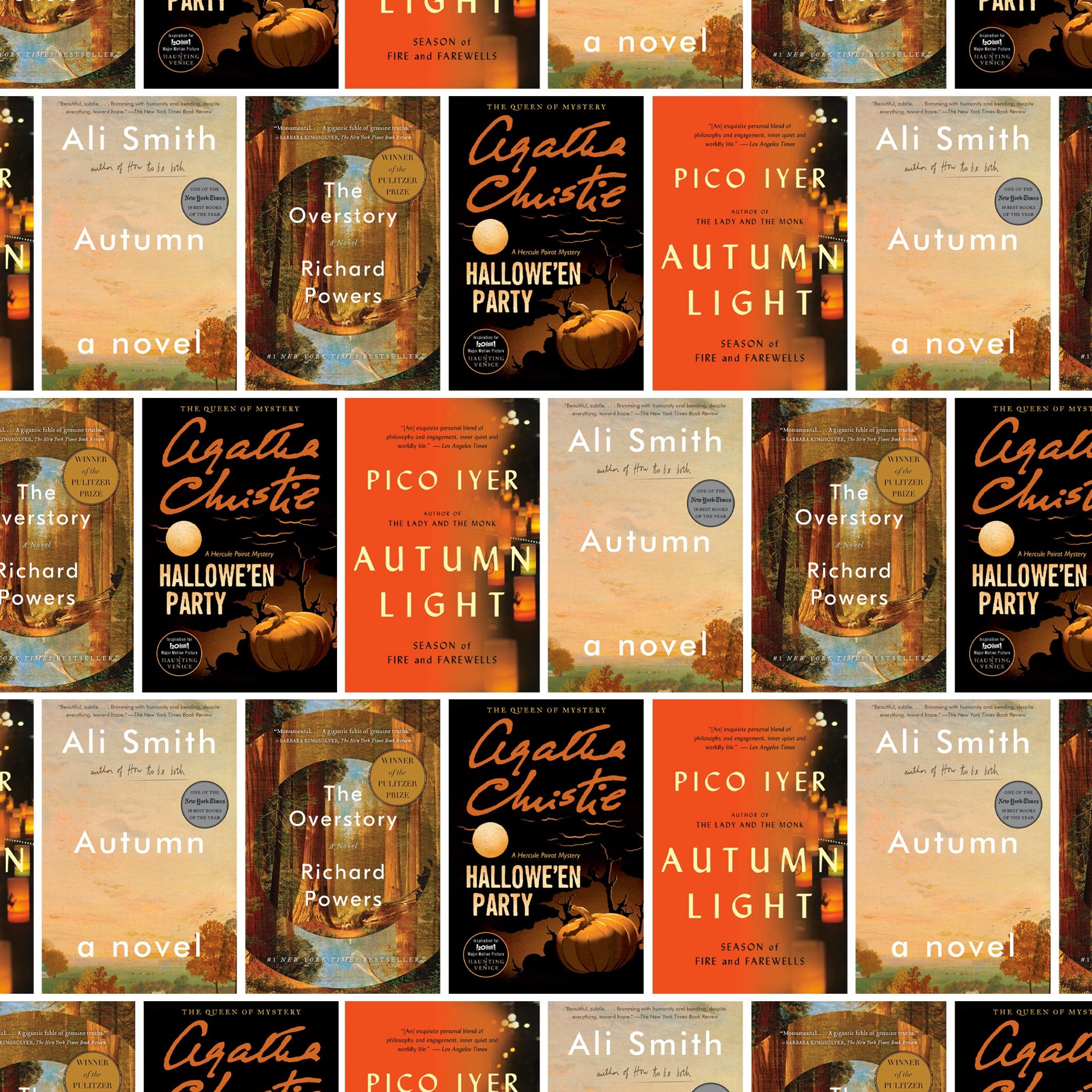Collage of book covers featuring titles by Ali Smith, Richard Powers, and Agatha Christie, themed around autumn.