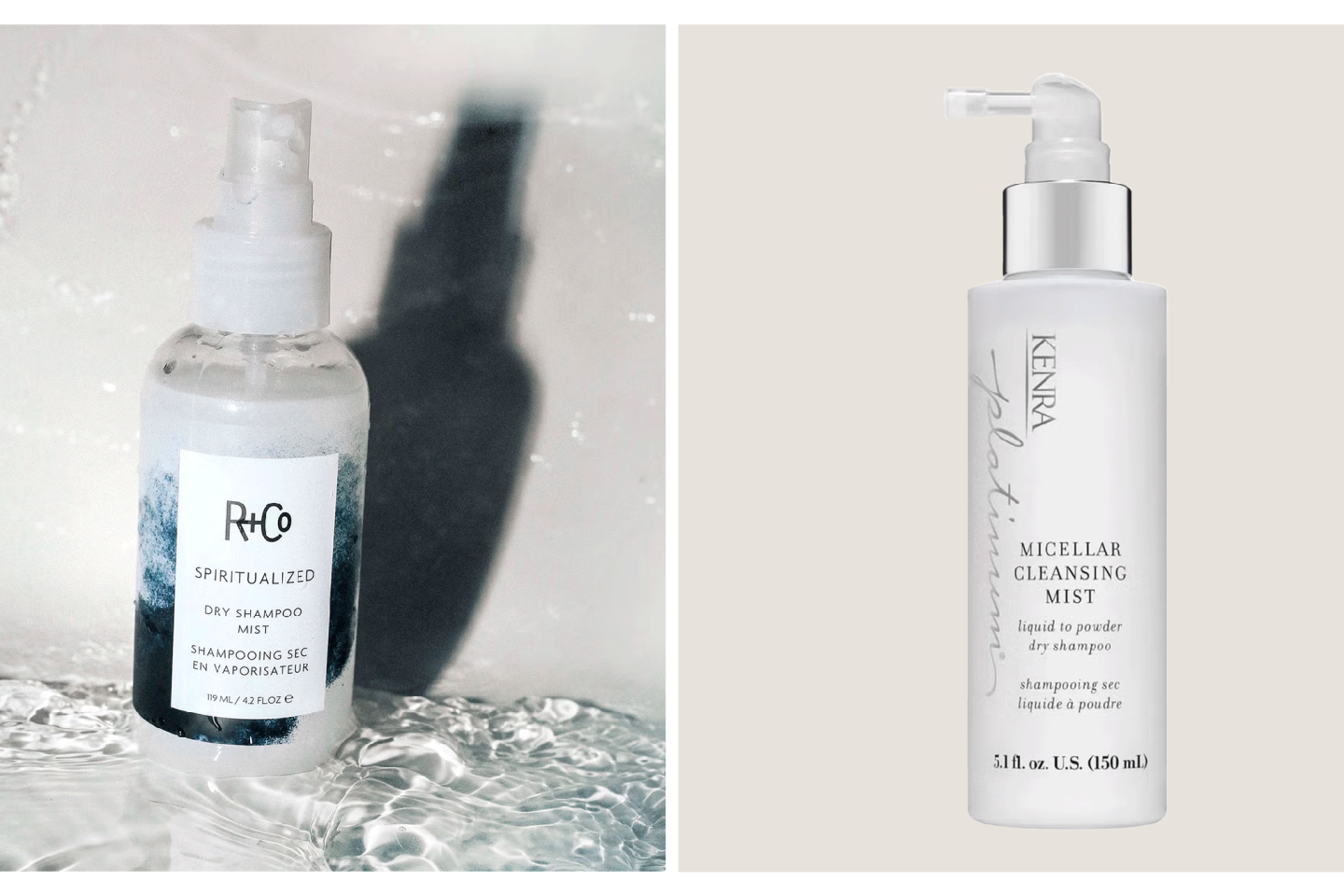 Two bottles of hair care products: R+Co dry shampoo mist and Kenra micellar cleansing mist.