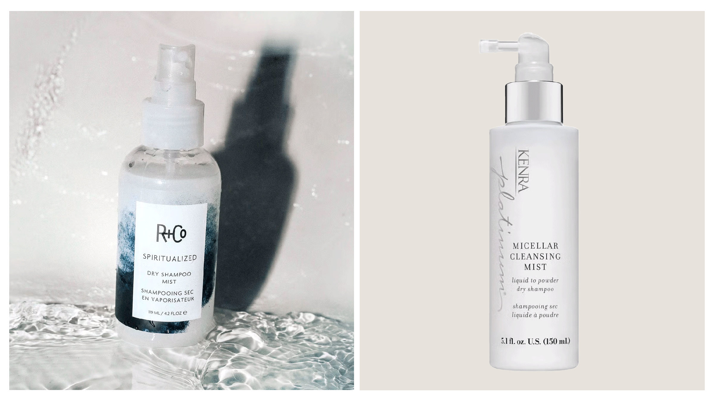 Two bottles of hair care products: R+Co dry shampoo mist and Kenra micellar cleansing mist.