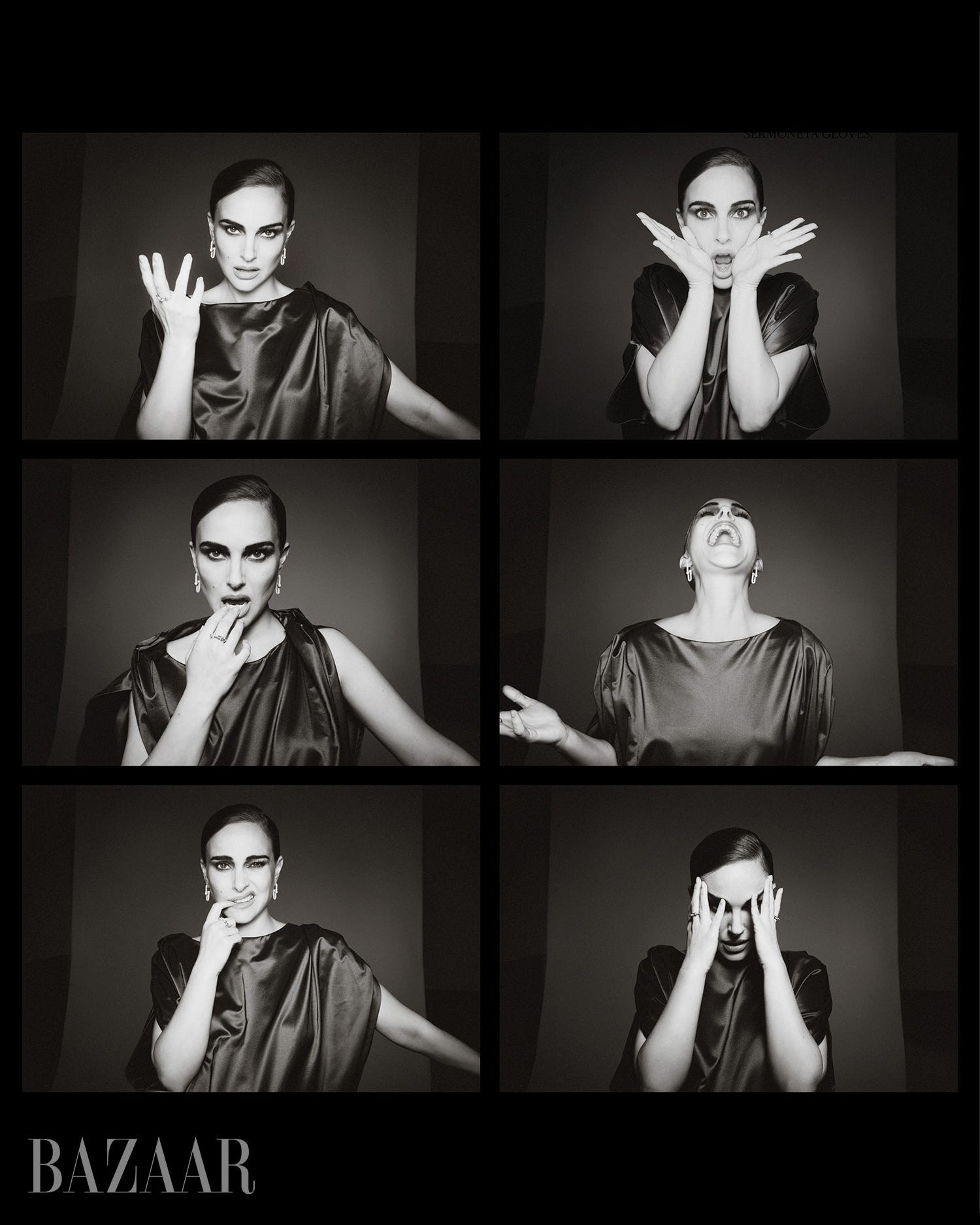 A series of black and white portraits showcasing a model expressing diverse emotions through unique poses and gestures.