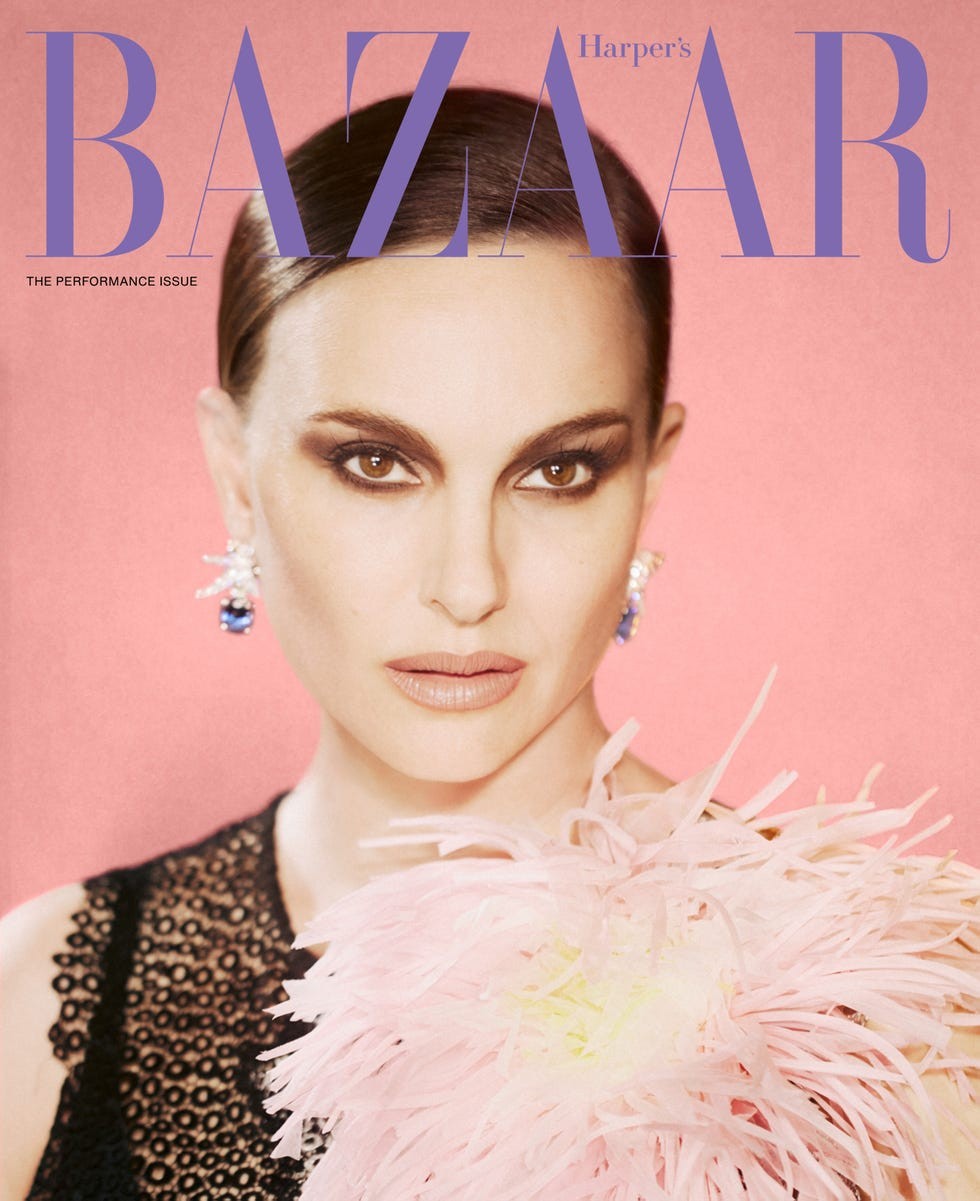 Cover of Harper's Bazaar featuring a model with elegant makeup holding a large pink flower against a pink background.