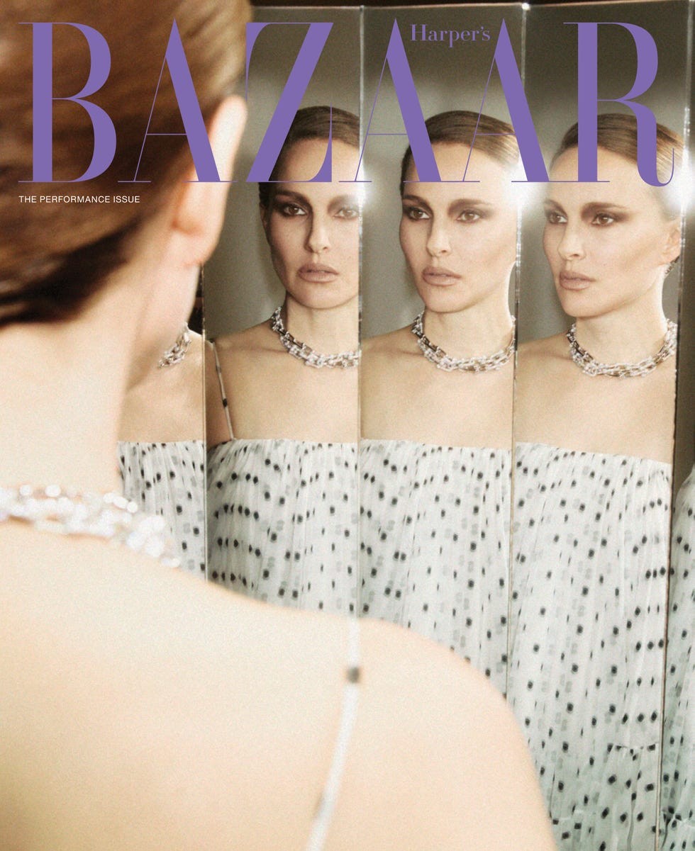 Model looking toward her reflection, featured on the cover of Harper's Bazaar's Performance Issue.