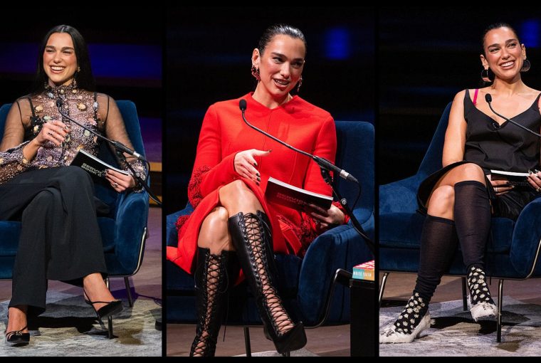 Three images of a woman sitting in a chair, smiling while holding a book and microphone, dressed in stylish outfits.
