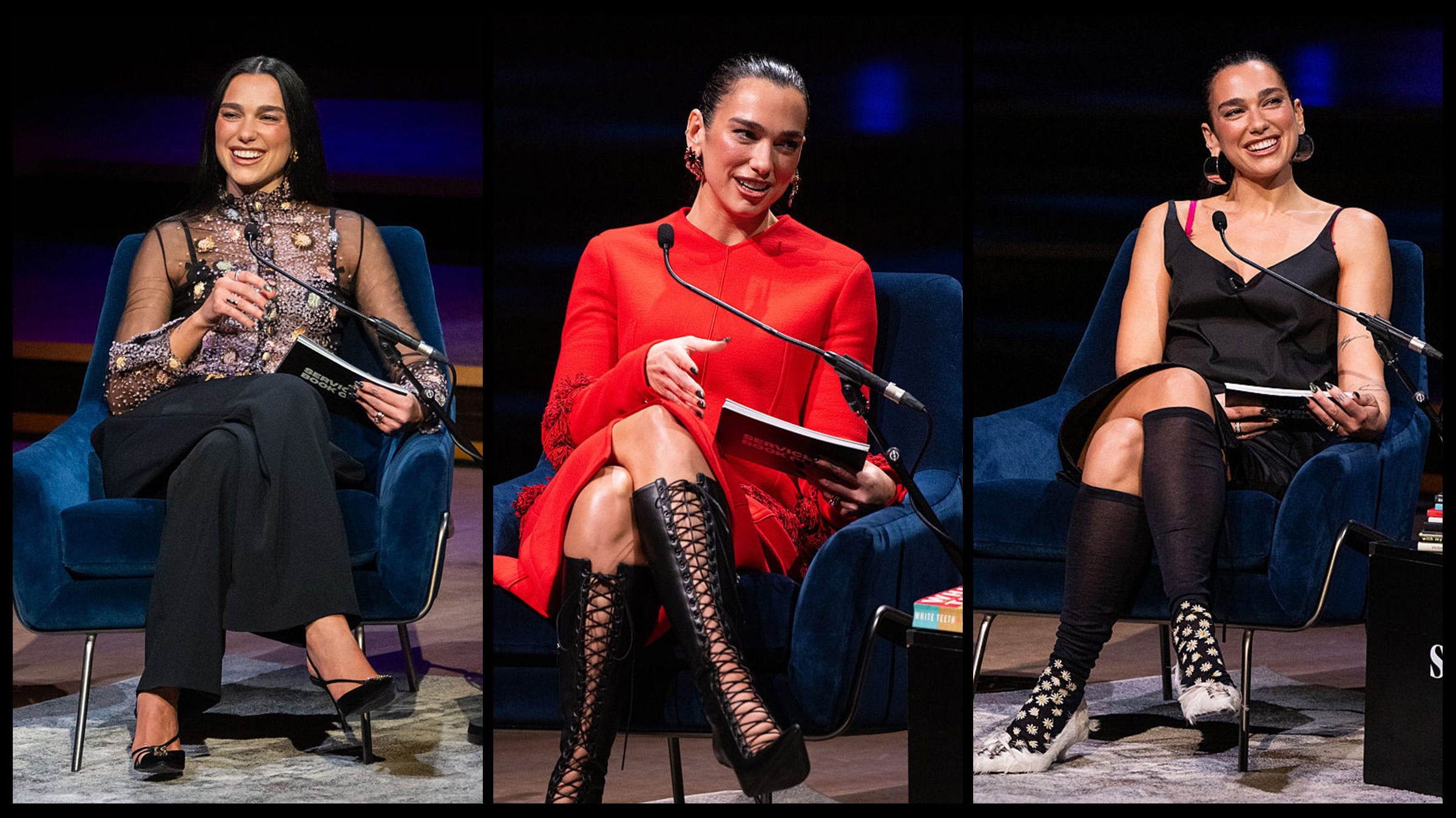 Three images of a woman sitting in a chair, smiling while holding a book and microphone, dressed in stylish outfits.