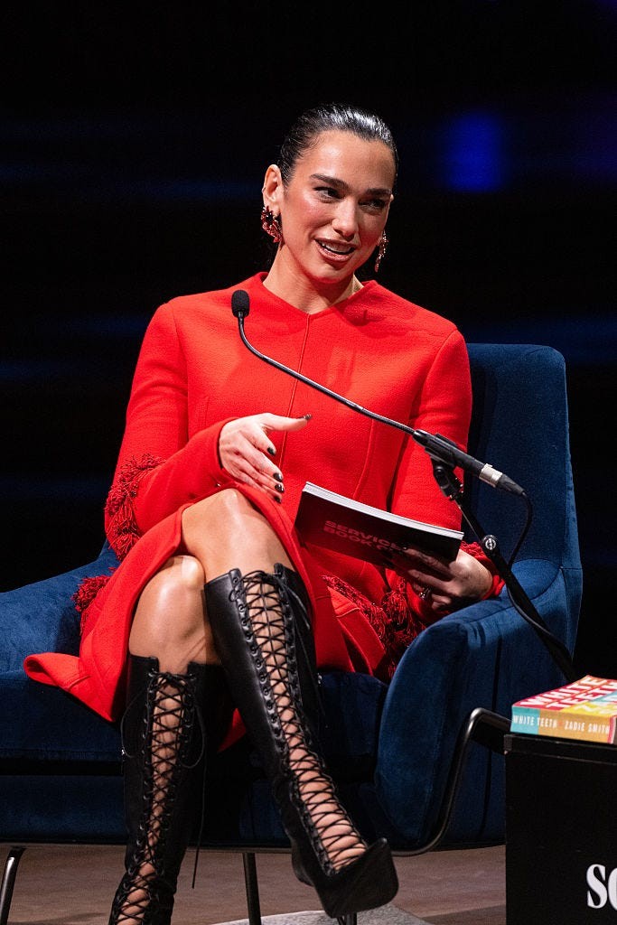 london, england october 24 exclusive coverage editorial use only dua lipa onstage during dua lipa in conversation with zadie smith at the london literature festival 2026 at the royal festival hall on october 24, 2026 in london, england photo by jeff spicergetty images for aba