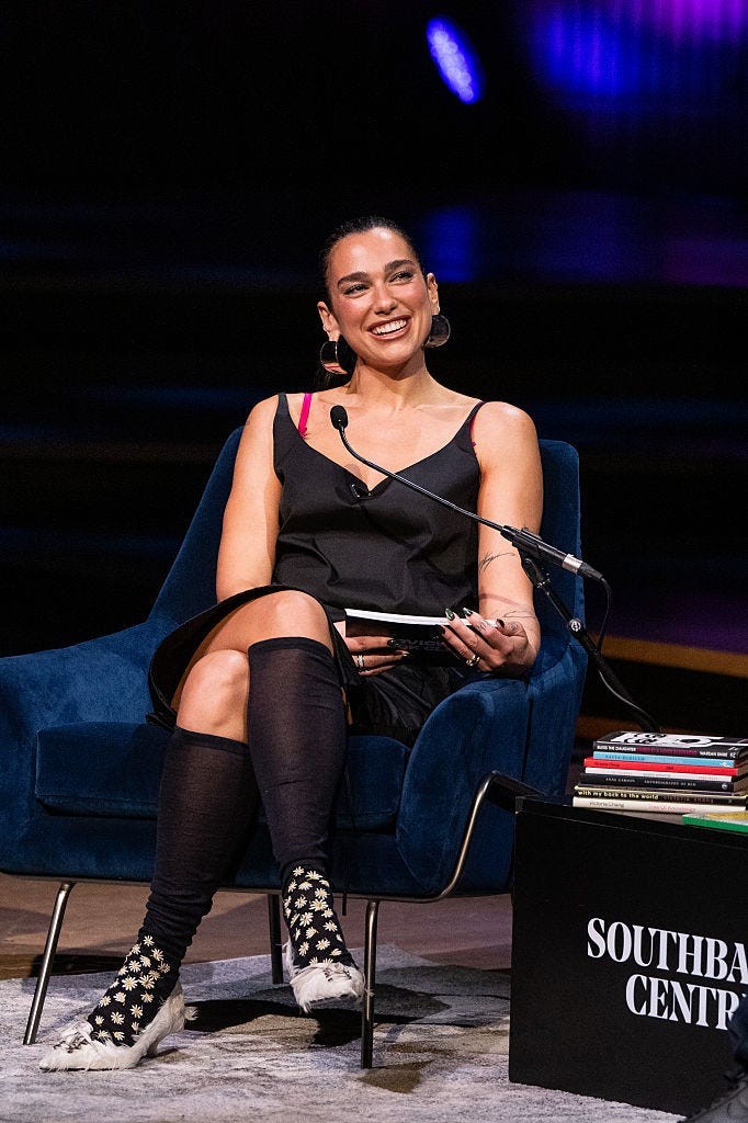london, england october 24 exclusive coverage editorial use only dua lipa onstage during dua lipa in conversation with mustafa at the london literature festival 2026 at the royal festival hall on october 24, 2026 in london, england photo by jeff spicergetty images for aba