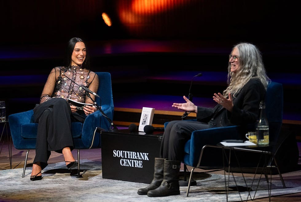 london, england october 25 exclusive coverage editorial use only dua lipa and patti smith are seen onstage during dua lipa in conversation with patti smith at the london literature festival 2026 at the royal festival hall on october 25, 2026 in london, england photo by samir husseinwireimage for aba
