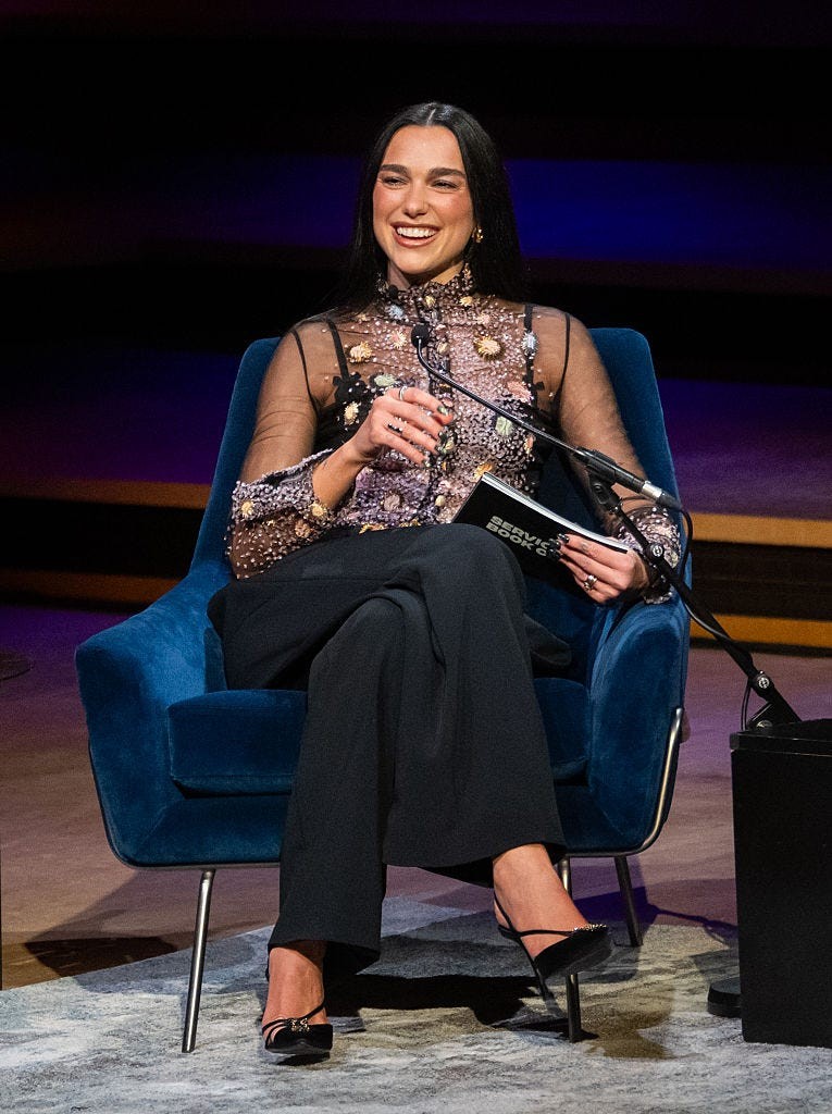 london, england october 25 exclusive coverage editorial use only dua lipa is seen onstage during dua lipa in conversation with patti smith at the london literature festival 2026 at the royal festival hall on october 25, 2026 in london, england photo by samir husseinwireimage for aba