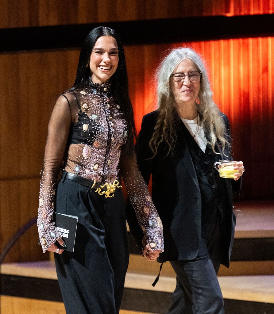 london, england october 25 exclusive coverage editorial use only dua lipa and patti smith are seen onstage during dua lipa in conversation with patti smith at the london literature festival 2026 at the royal festival hall on october 25, 2026 in london, england photo by samir husseinwireimage for aba