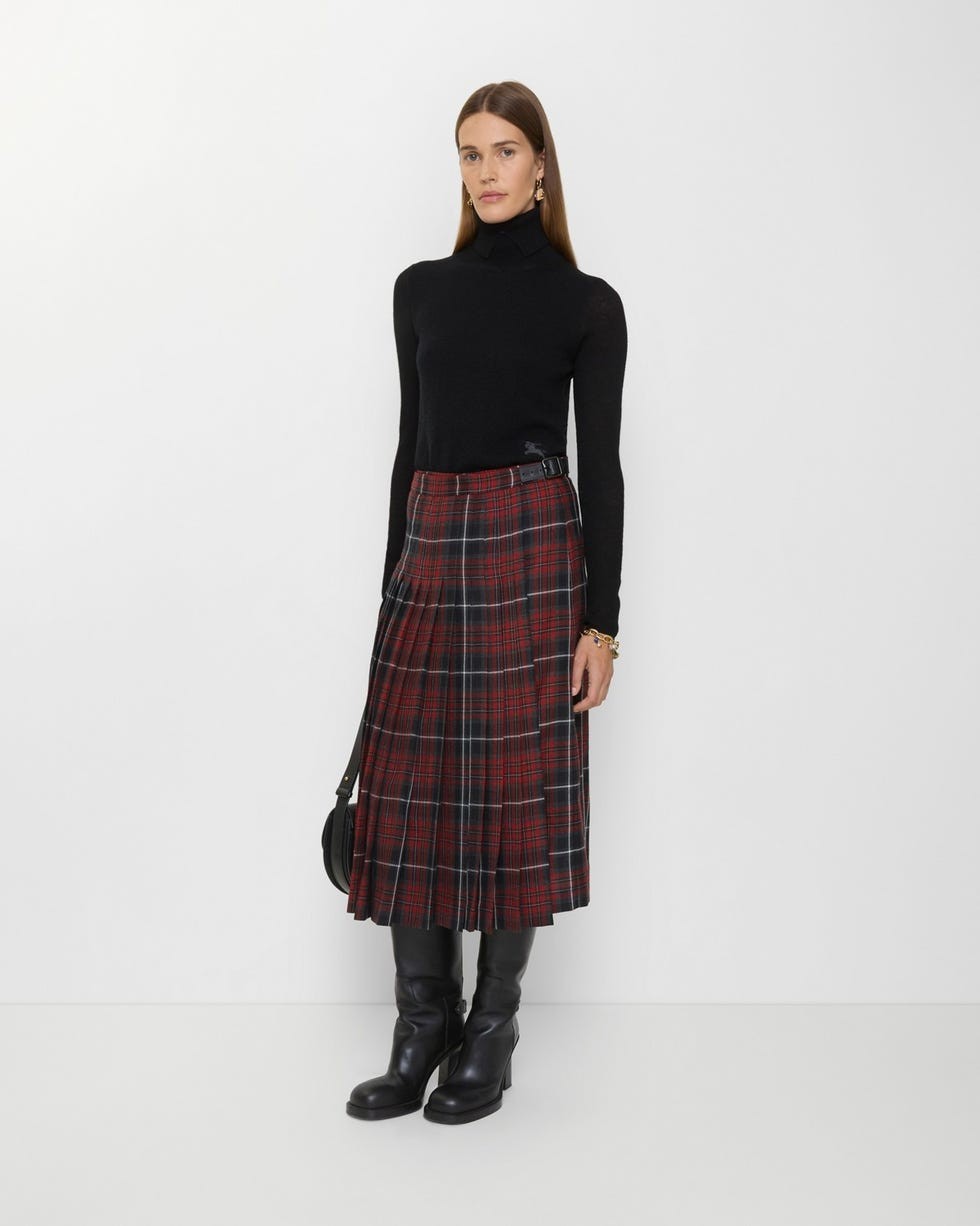 Check Wool Blend Midi Skirt