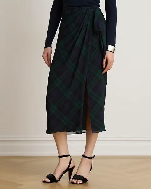 Plaid Tie-Front Georgette Midi Skirt