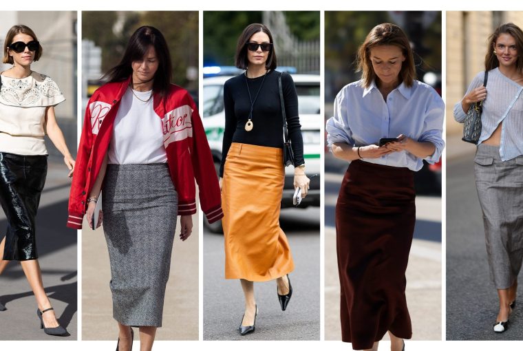 Collection of women showcasing various fashionable outfits featuring skirts and stylish tops in urban settings.
