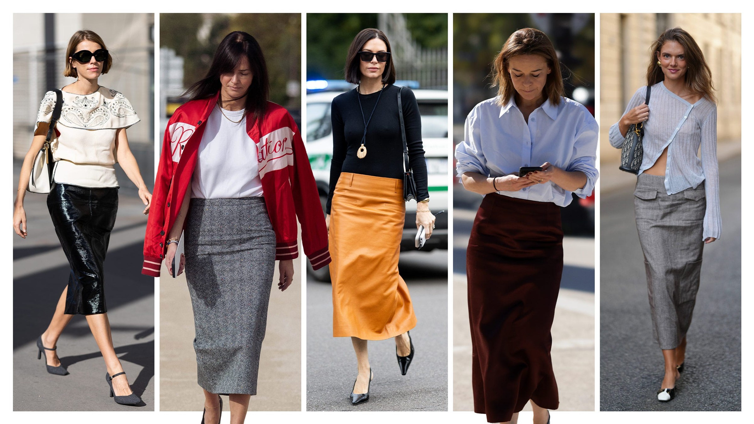 Collection of women showcasing various fashionable outfits featuring skirts and stylish tops in urban settings.