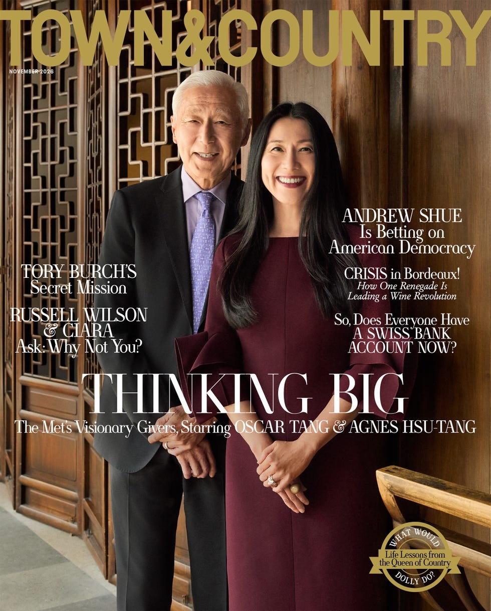 Cover of Town & Country magazine featuring Oscar Tang and Agnes Hsu-Tang, highlighting various articles and topics.