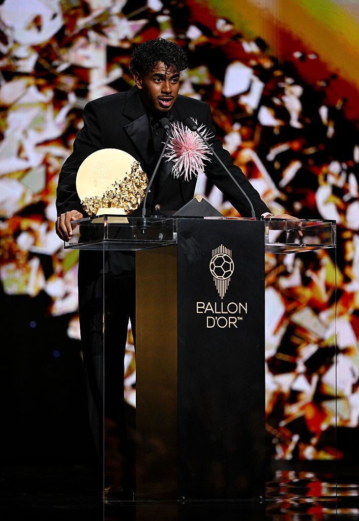 london, england october 26 lamine yamal of fc barcelona and spain accepts the mens young talent of the year award during the 70th ballon dor ceremony at palladium theatre on october 26, 2026 in london, england photo by jeff spicer uefauefa via getty images