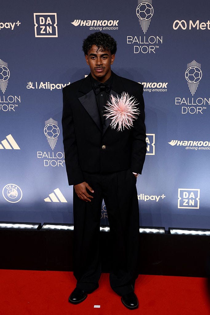 spain and barcelona forward lamine yamal poses upon their arrival to attend the 2026 ballon dor france football award ceremony at the palladium theatre in london on october 26, 2026 photo by toby shepheard afp via getty images