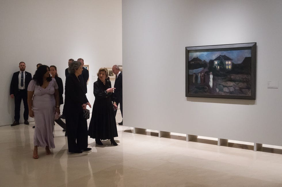 Queen Sonja of Norway (C) is seen visiting the exhibition