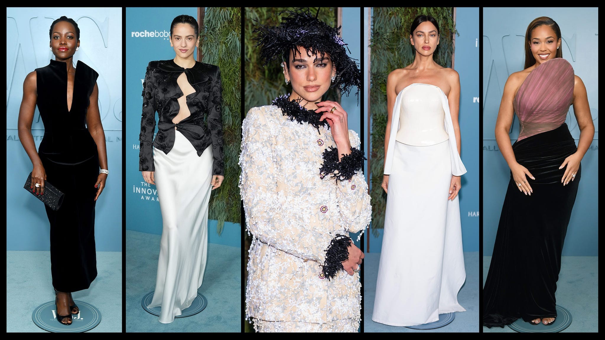 Women in elegant evening gowns posing on a blue carpet at a high-profile event.