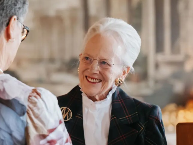 Smiling elderly woman in a plaid jacket engages in conversation at a social gathering.