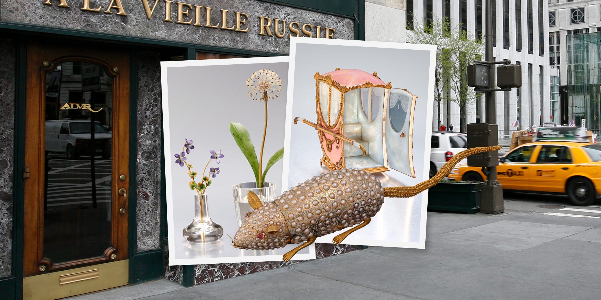 Artistic display of a decorative rodent, floral vase, and a carriage model in front of a boutique storefront.
