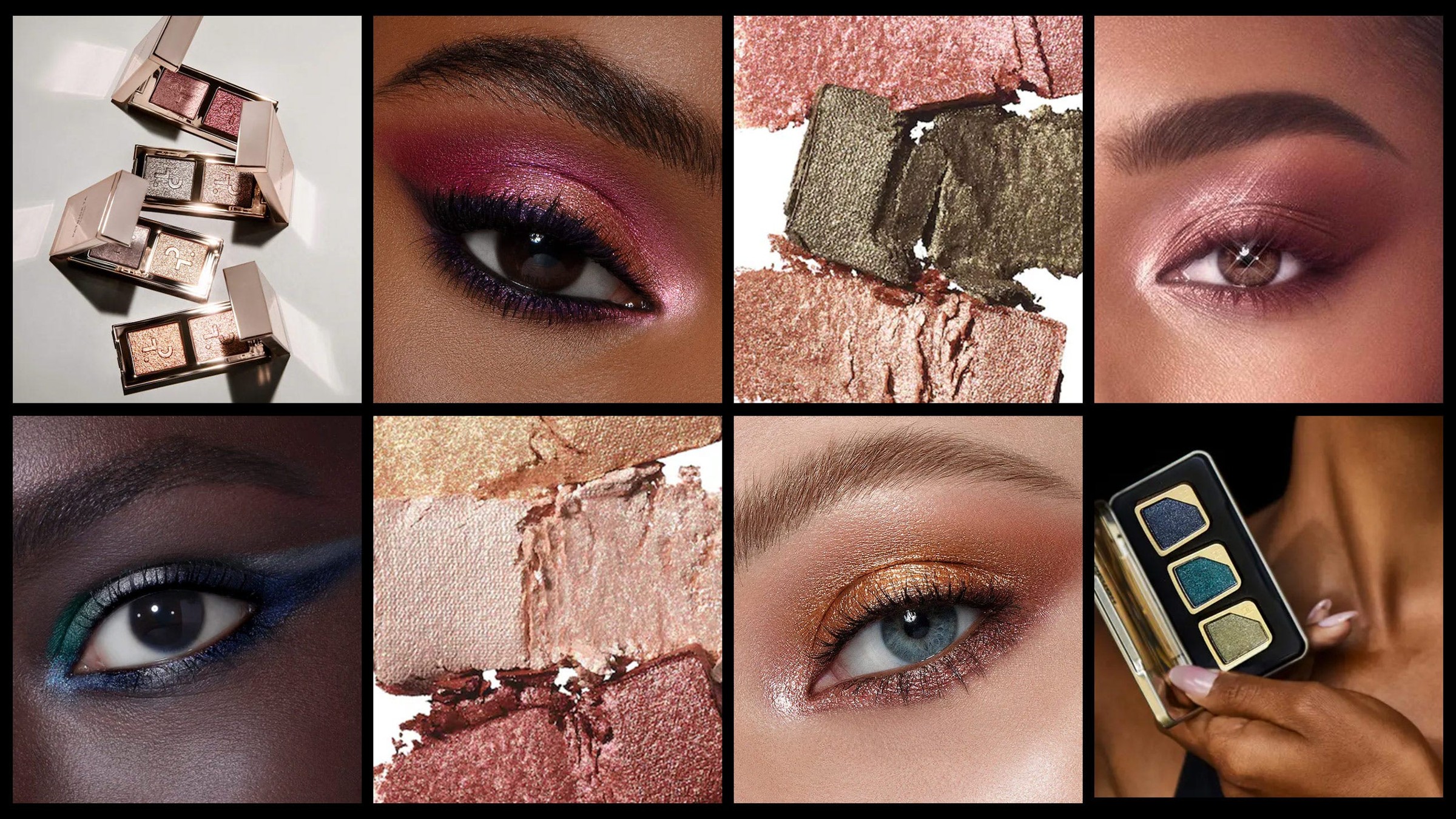 Cosmetic products and makeup application showcasing various eyeshadows and close-up of models' eyes.