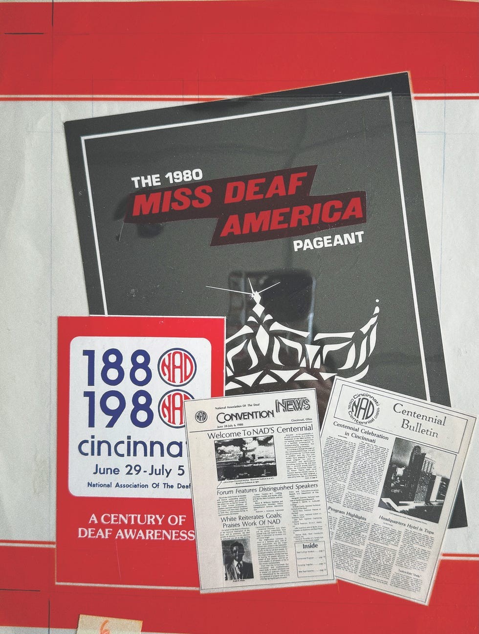 1980 Miss Deaf America pageant materials, including a convention flyer and promotional bulletin for a deaf awareness event.